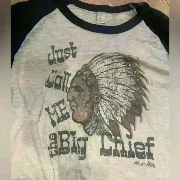 Cute baseball tee. “Just Call me the Big Chief”. Grey with black sleeves. Size M - Picture 2 of 3